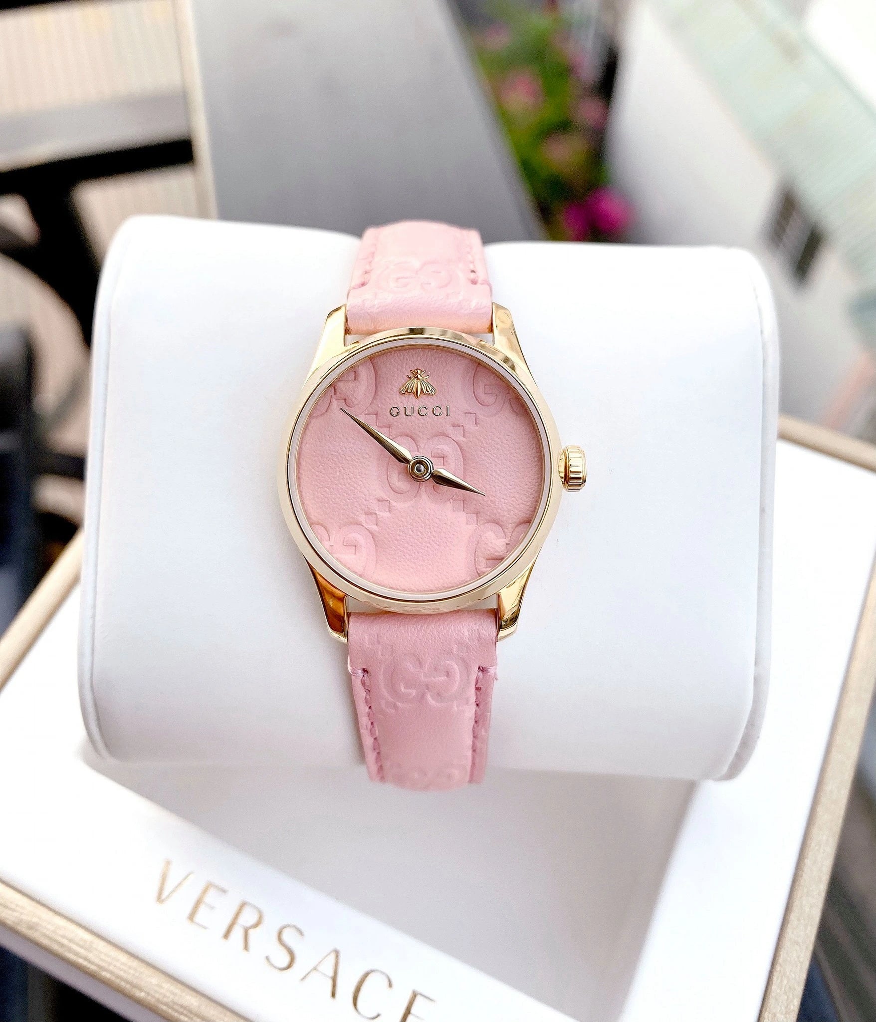  Shop Authentic Gucci G Timeless Quartz Pink Dial Pink Leather Strap Watch For Women - YA1265005 - Luxxuri