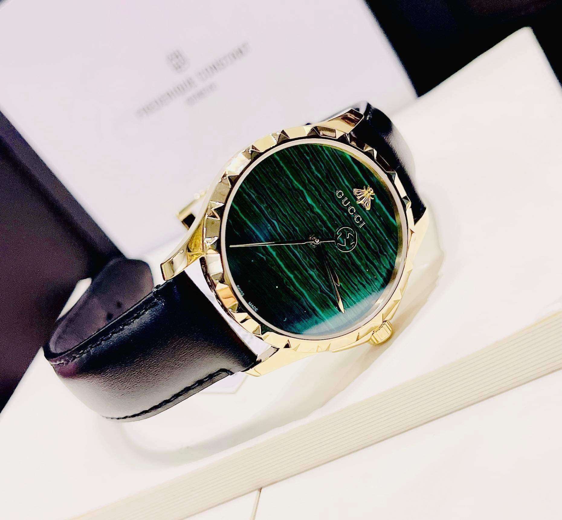  Shop Authentic Gucci Le Marche Des Merveilles Quartz Green Dial Black Leather Strap Watch For Women - YA126463 - Luxxuri