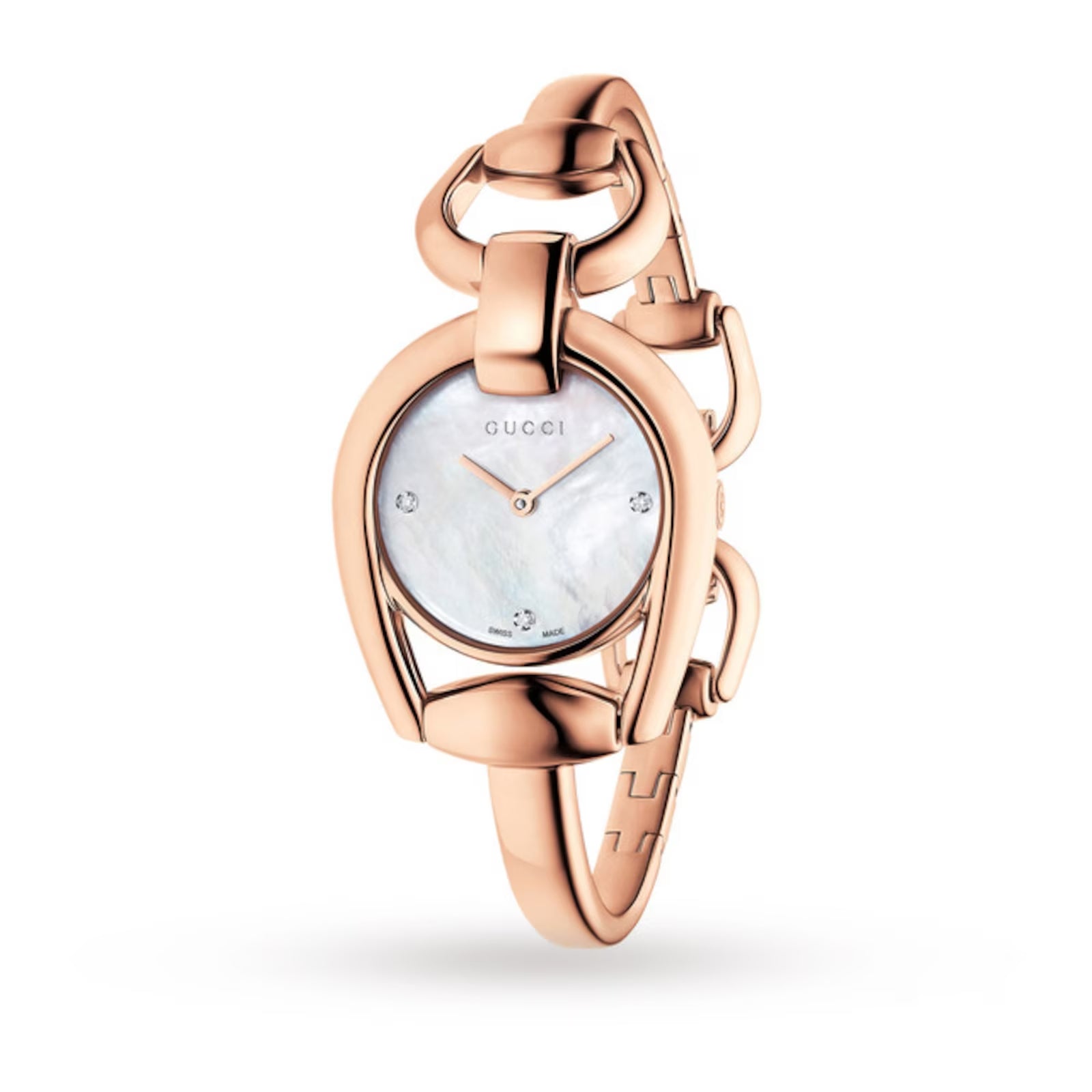 Shop Authentic Gucci Horsebit Collection Diamonds Mother of Pearl Dial Rose Gold Steel Strap Watch For Women - YA139508 - Luxxuri