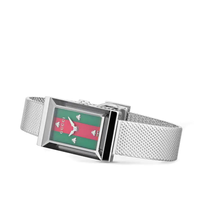  Shop Authentic Gucci G Frame Quartz Diamonds Green & Red Mother of Pearl Dial Silver Mesh Bracelet Watch For Women - YA147510 - Luxxuri