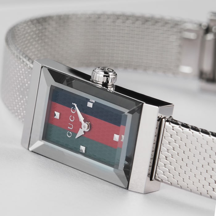  Shop Authentic Gucci G Frame Quartz Diamonds Green & Red Mother of Pearl Dial Silver Mesh Bracelet Watch For Women - YA147510 - Luxxuri