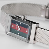  Shop Authentic Gucci G Frame Quartz Diamonds Green & Red Mother of Pearl Dial Silver Mesh Bracelet Watch For Women - YA147510 - Luxxuri