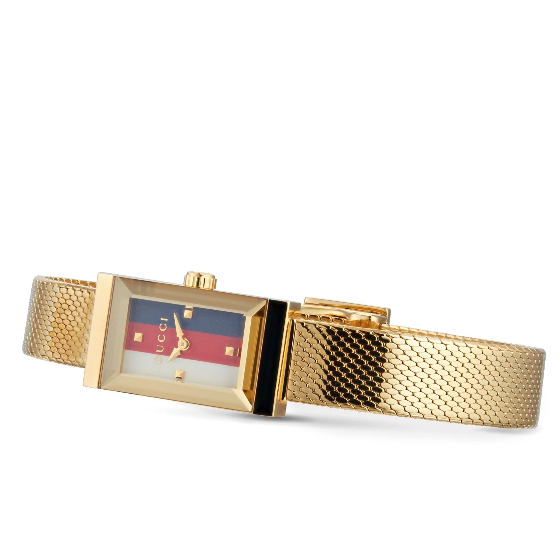  Shop Authentic Gucci G Frame Quartz Diamonds White Red Blue Dial Gold Mesh Bracelet Watch For Women - YA147511 - Luxxuri