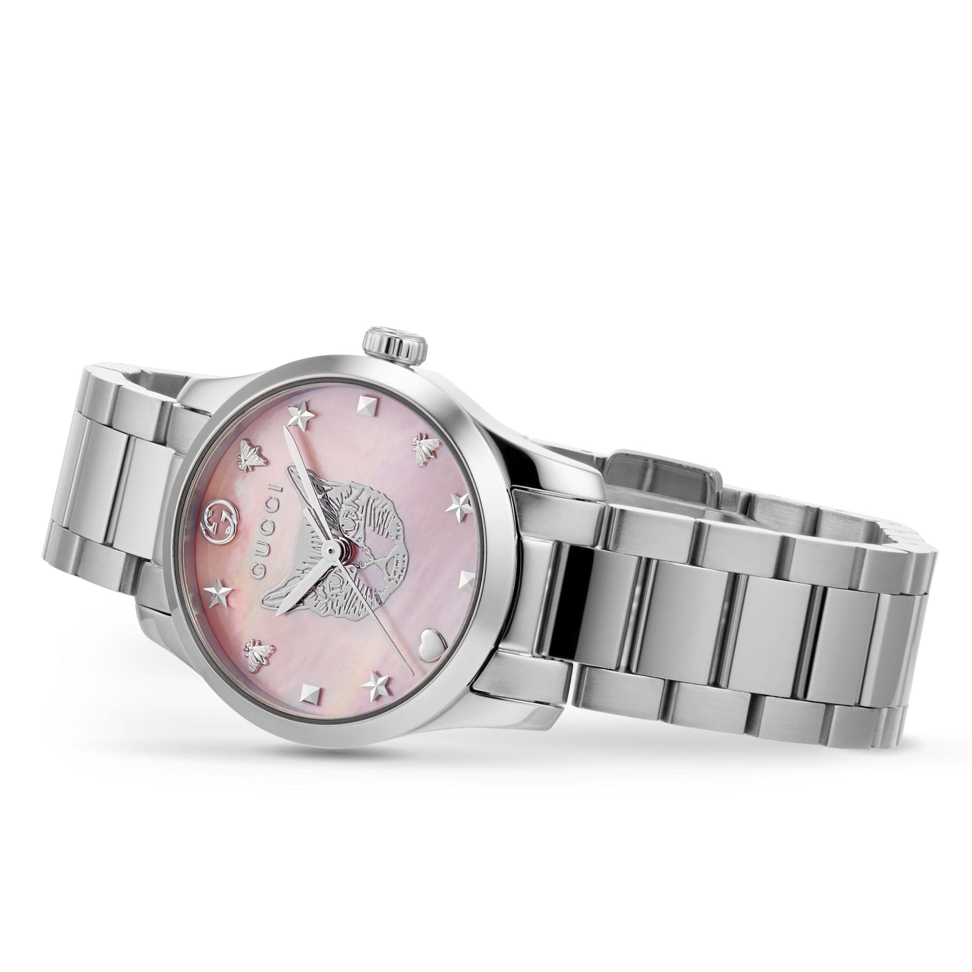 Shop Authentic Gucci G Timeless Quartz Mother of Pearl Pink Dial Silver Steel Strap Watch For Women - YA1265013 - Luxxuri
