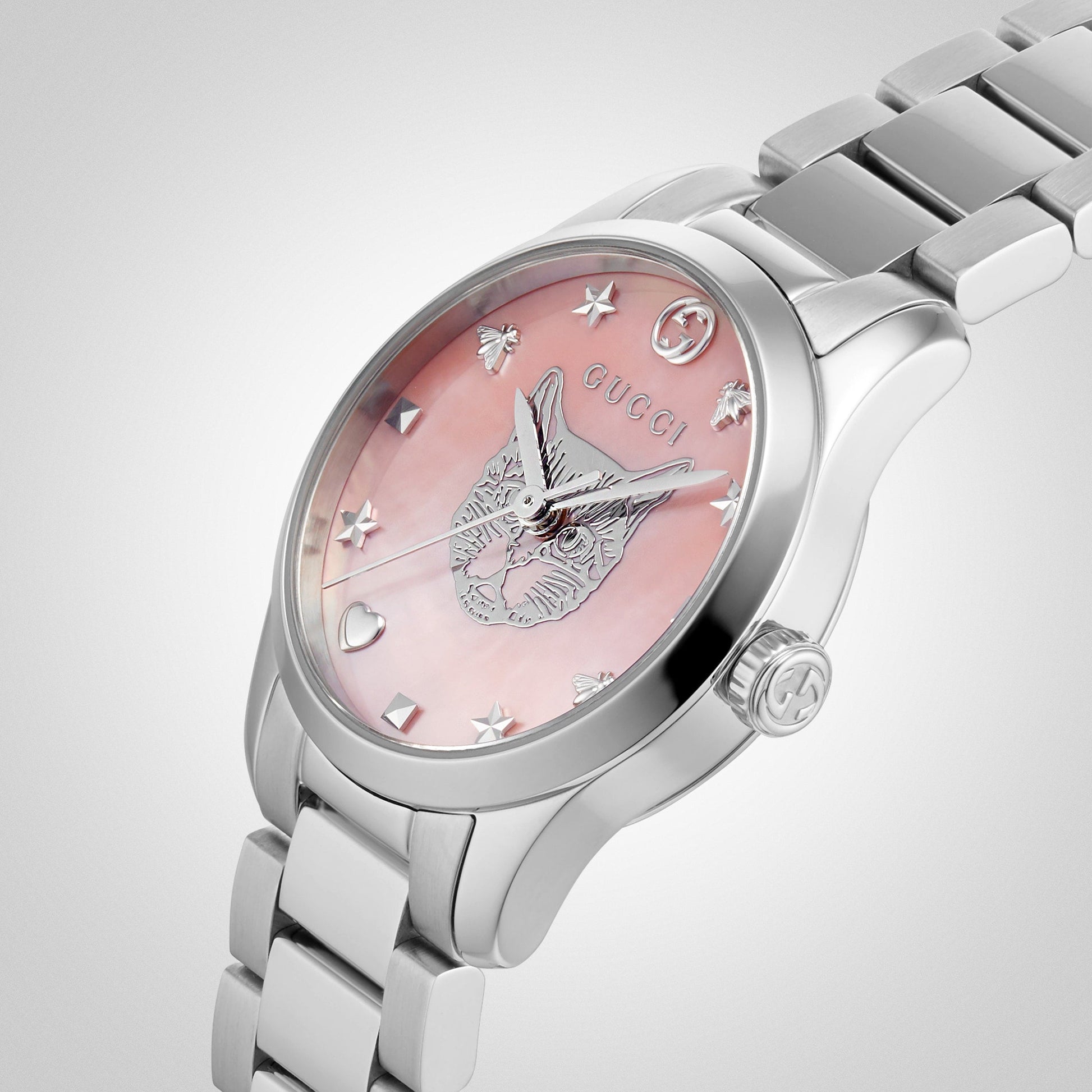  Shop Authentic Gucci G Timeless Quartz Mother of Pearl Pink Dial Silver Steel Strap Watch For Women - YA1265013 - Luxxuri