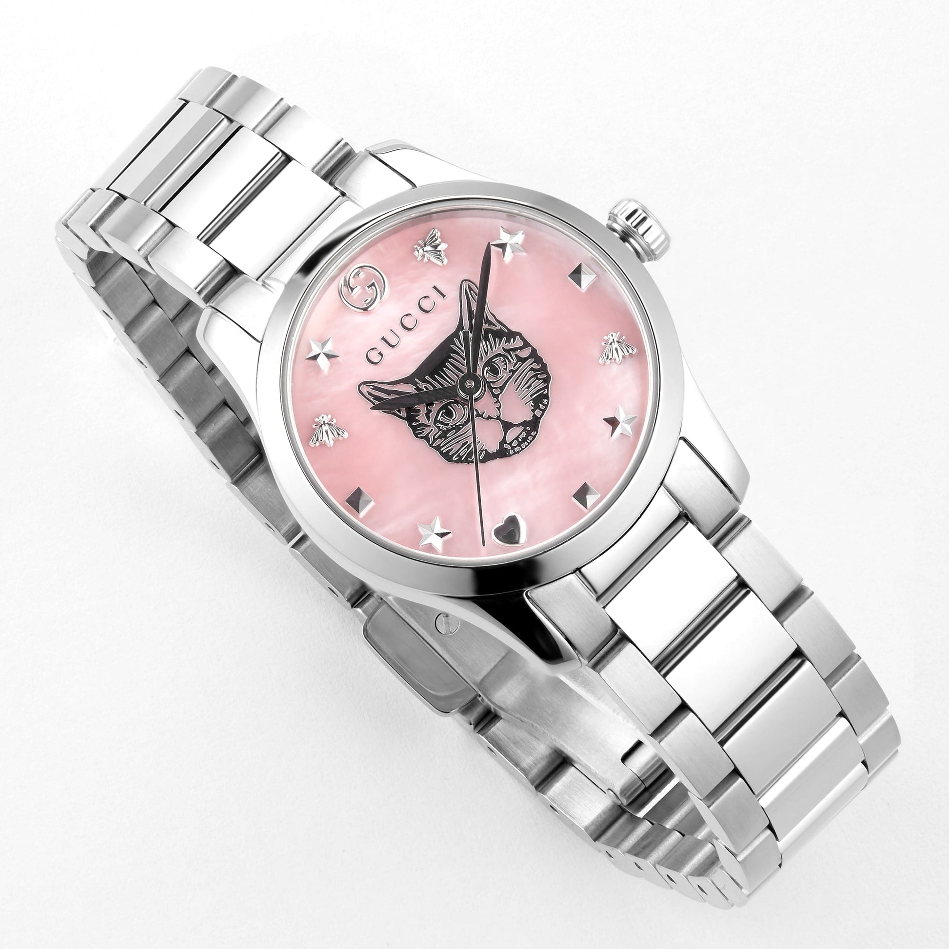  Shop Authentic Gucci G Timeless Quartz Mother of Pearl Pink Dial Silver Steel Strap Watch For Women - YA1265013 - Luxxuri
