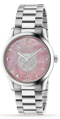  Shop Authentic Gucci G Timeless Quartz Mother of Pearl Pink Dial Silver Steel Strap Watch for Women - YA1264166 - Luxxuri