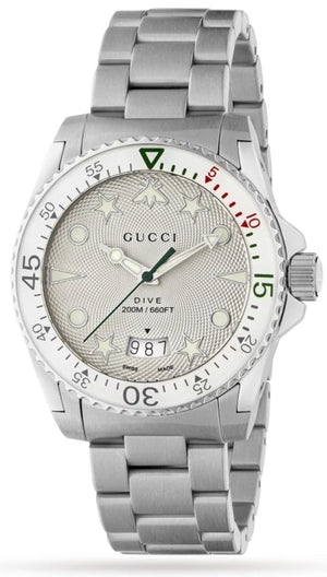  Shop Authentic Gucci Dive Quartz White Dial Silver Steel Strap Watch For Men - YA136336 - Luxxuri