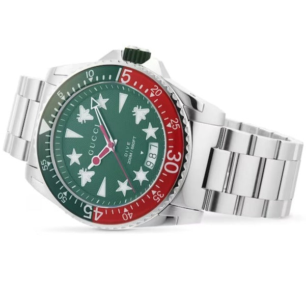  Shop Authentic Gucci Dive Quartz Green Dial Silver Steel Strap Watch For Men - YA136222 - Luxxuri