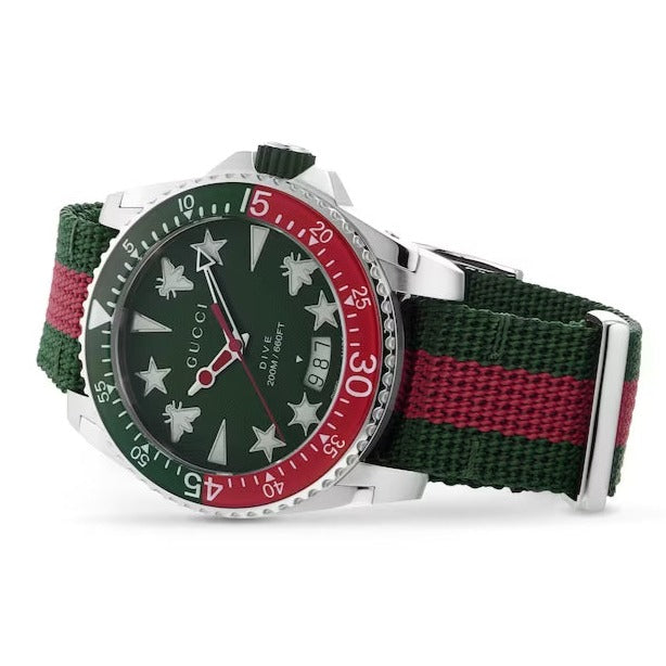  Shop Authentic Gucci Dive Quartz Green Dial Two Tone NATO Strap Watch For Men - YA136339 - Luxxuri