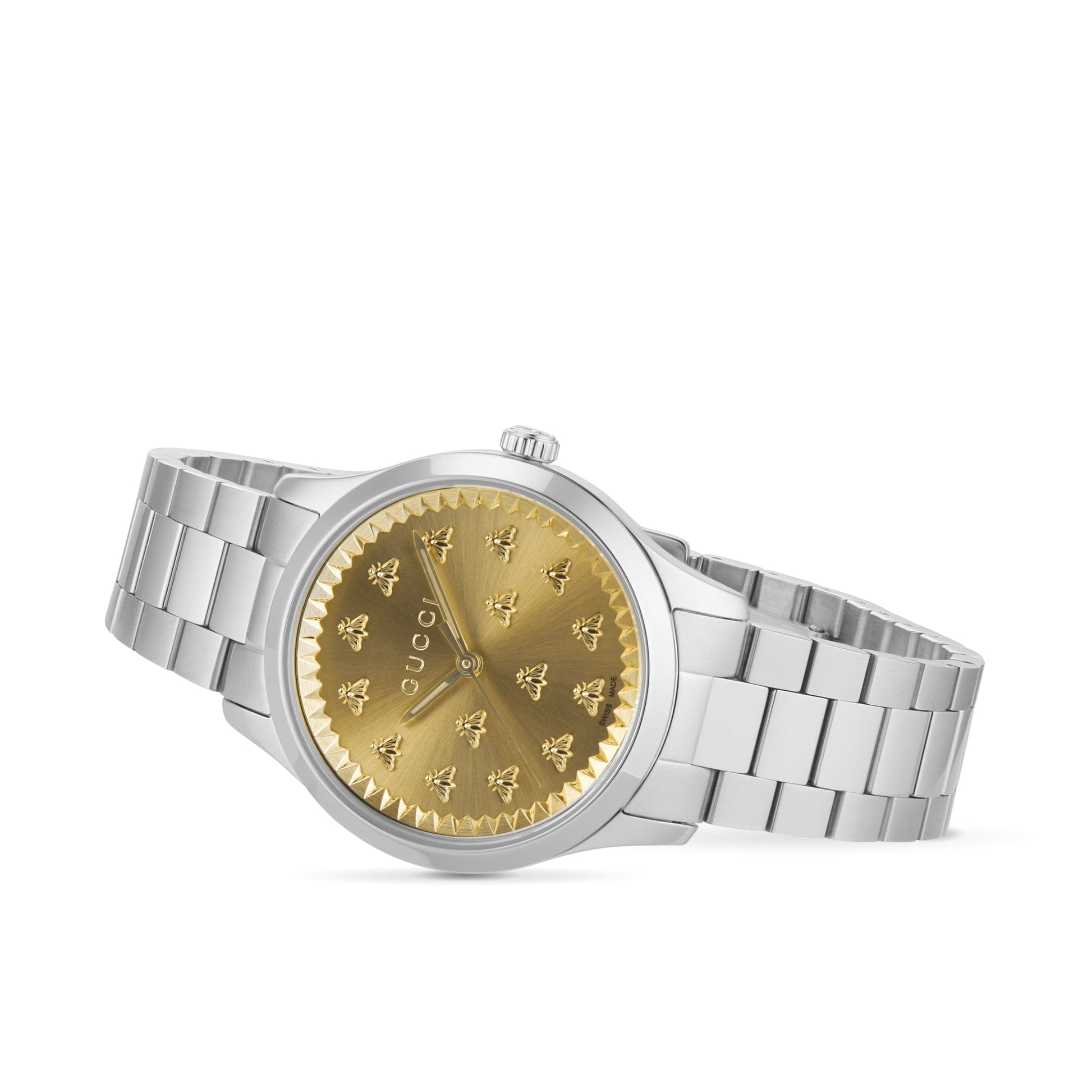  Shop Authentic Gucci G Timeless Quartz Gold Dial Silver Steel Strap Watch for Women - YA1265035 - Luxxuri