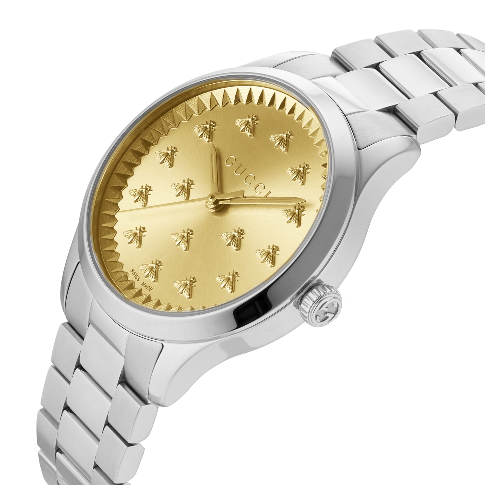  Shop Authentic Gucci G Timeless Quartz Gold Dial Silver Steel Strap Watch for Women - YA1265035 - Luxxuri