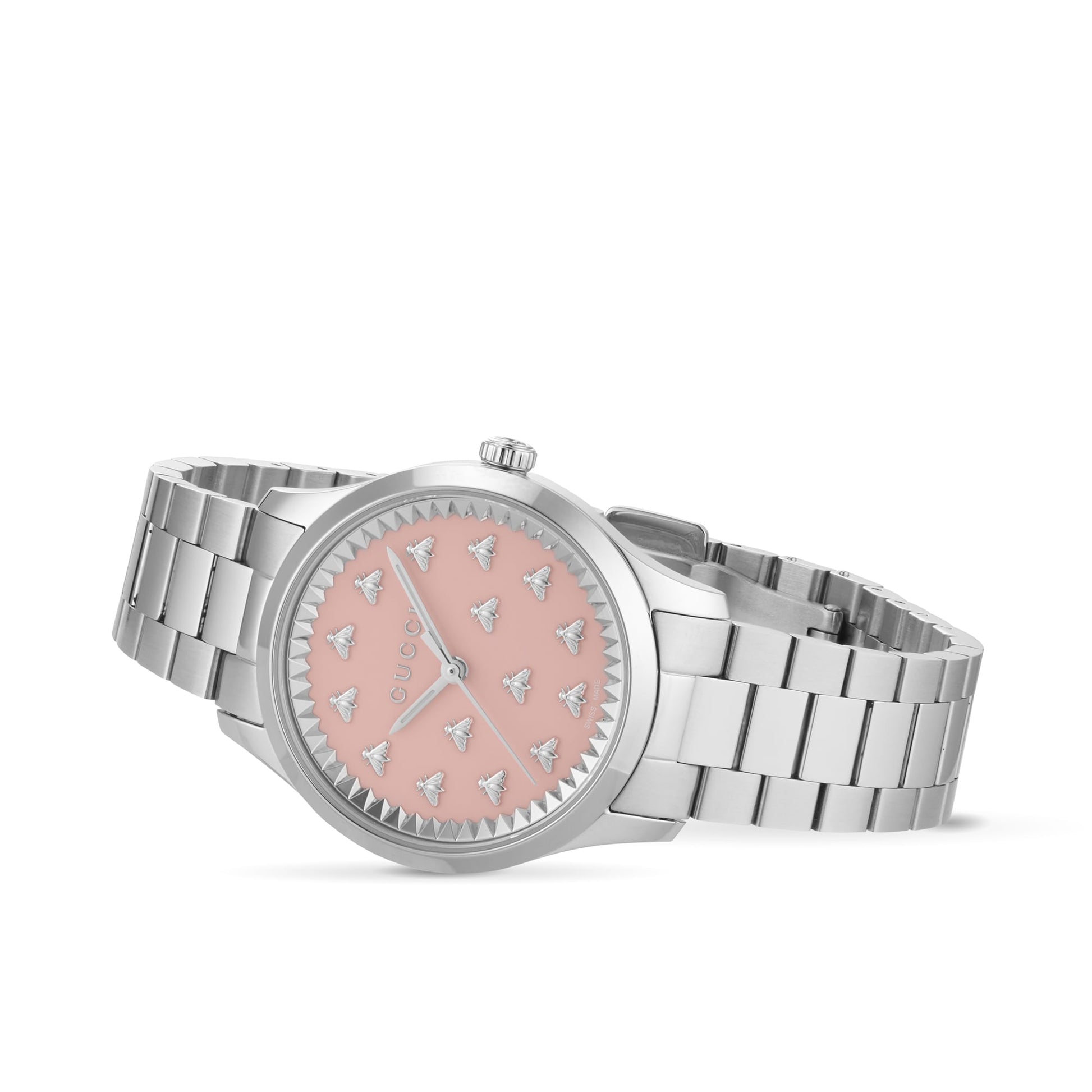  Shop Authentic Gucci G Timeless Quartz Pink Dial Silver Steel Strap Watch for Women - YA1265033 - Luxxuri