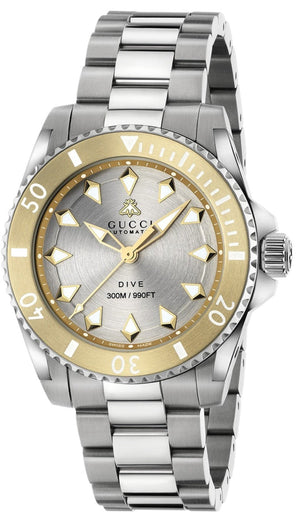  Shop Authentic Gucci Dive Automatic 18K Gold Silver Dial Silver Steel Strap Watch for Men - YA136357 - Luxxuri