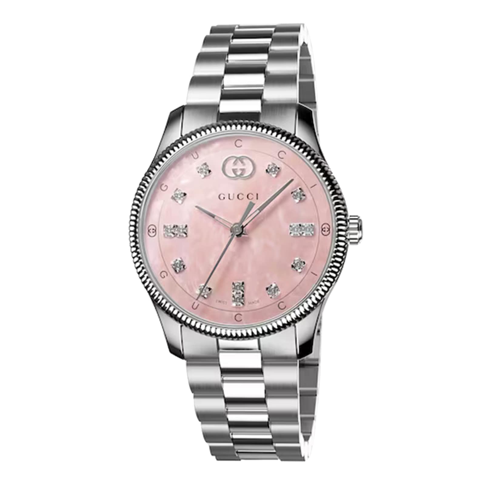 Shop Authentic Gucci G Timeless Diamonds Mother of Pearl Pink Dial Silver Steel Strap Watch for Women - YA1265062 - Luxxuri