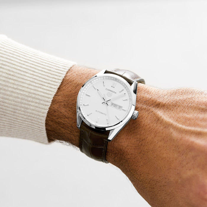  Shop Authentic Tag Heuer Carrera Day Date Silver Dial Brown Leather Strap Watch for Men - WBN2011.FC6484 - Luxxuri