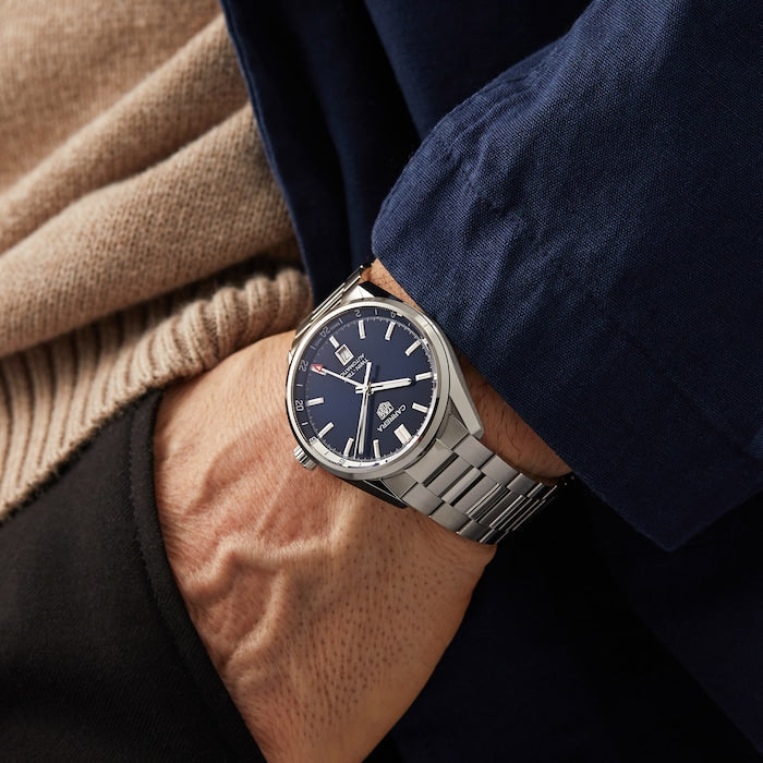 Tag Heuer Carrera Twin Time Blue Dial Silver Steel Strap Watch for Men - WBN201A.BA0640