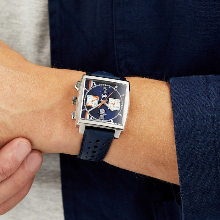  Shop Authentic Tag Heuer Monaco Gulf Automatic Chronograph Blue Dial Blue Leather Strap Watch for Men - CBL2115.FC6494 - Luxxuri