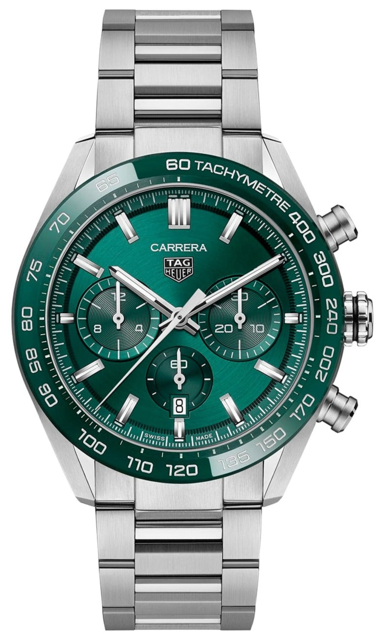  Shop Authentic Tag Heuer Carrera Chronograph 44mm Green Dial Silver Steel Strap Watch for Men - CBN2A1N.BA0643 - Luxxuri