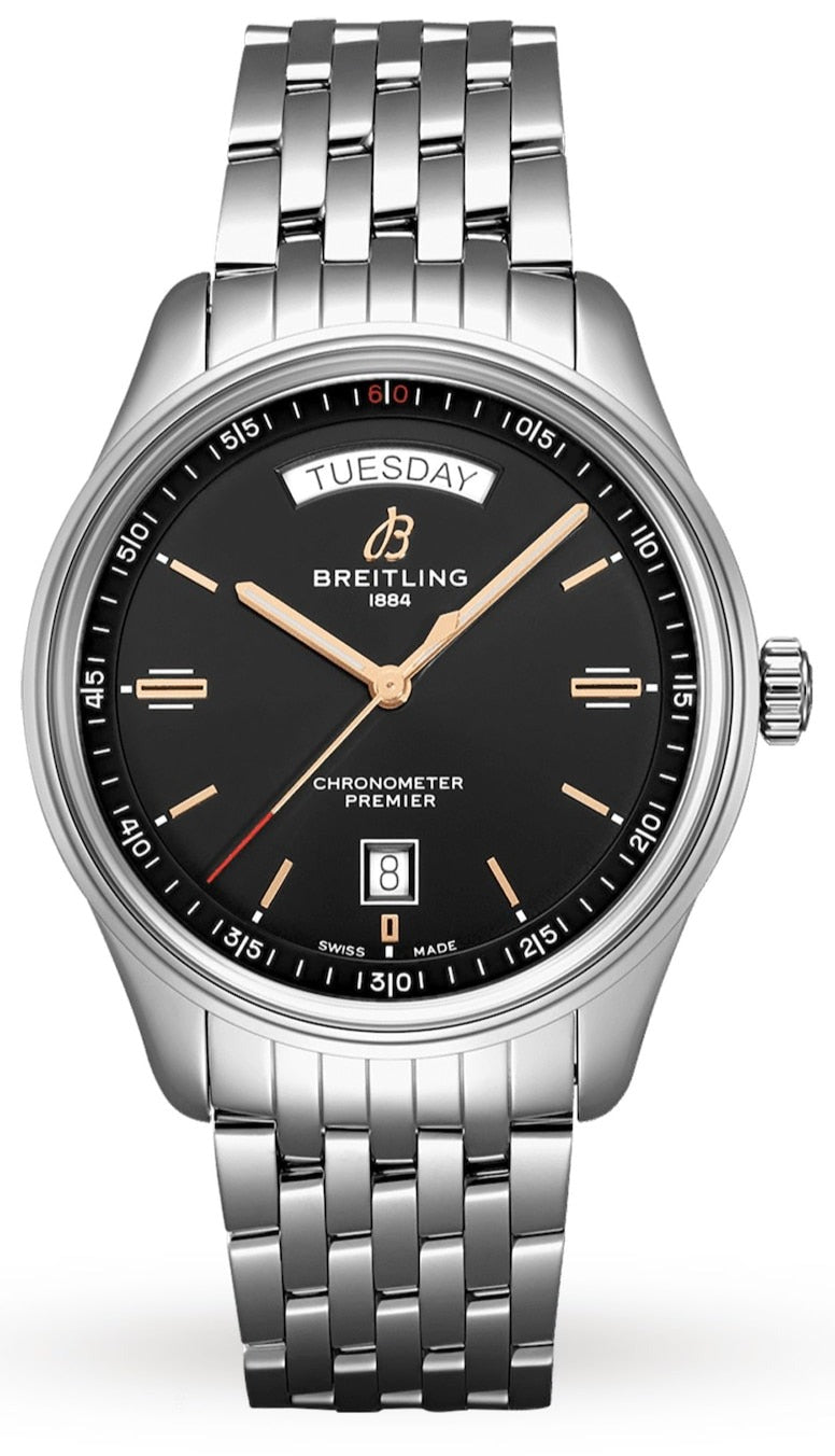  Shop Authentic Breitling Premier Automatic 40mm Day & Date Black Dial Silver Steel Strap Mens Watch - A45340241B1A1 - Luxxuri