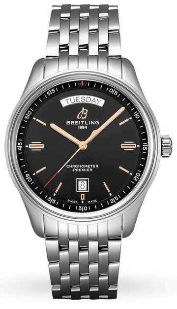  Shop Authentic Breitling Premier Automatic 40mm Day & Date Black Dial Silver Steel Strap Mens Watch - A45340241B1A1 - Luxxuri