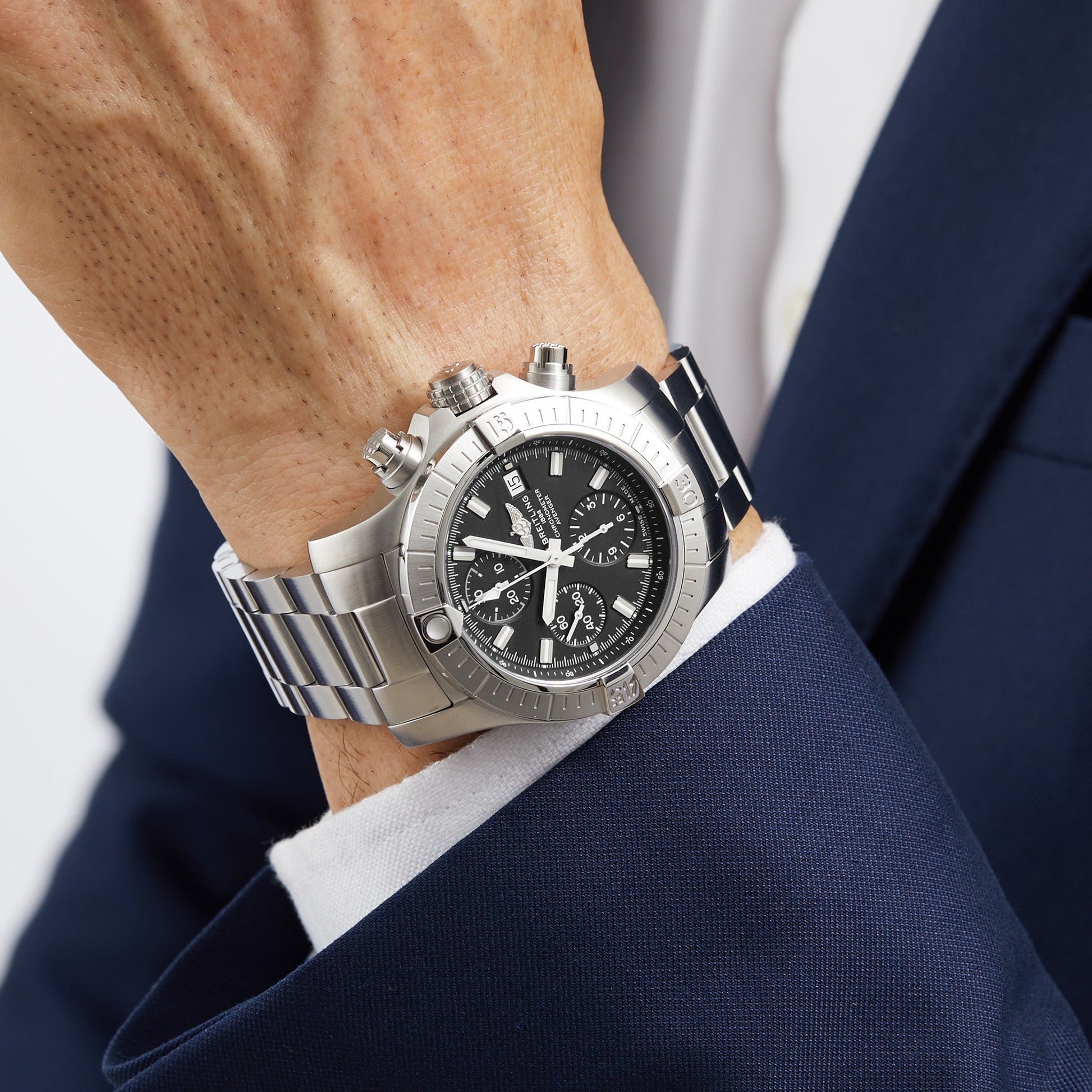  Shop Authentic Breitling Avenger Chronograph 43 Black Dial Silver Steel Strap Watch for Men - A13385101B1A1 - Luxxuri