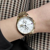  Shop Authentic Tommy Hilfiger Whitney Chronograph Quartz Mother of Pearl White Dial Gold Steel Strap Watch For Women - 1782121 - Luxxuri