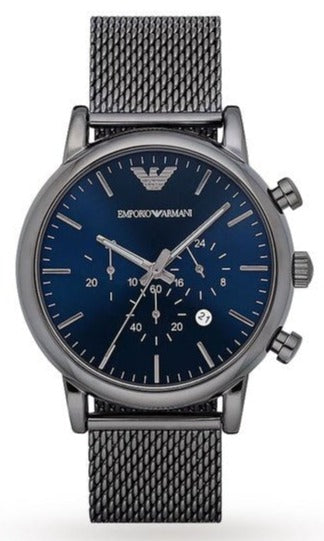  Shop Authentic Emporio Armani Chronograph Blue Dial Gun Metallic Mesh Bracelet Watch For Men - AR1979 - Luxxuri