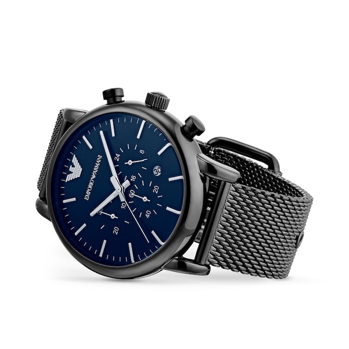  Shop Authentic Emporio Armani Chronograph Blue Dial Gun Metallic Mesh Bracelet Watch For Men - AR1979 - Luxxuri