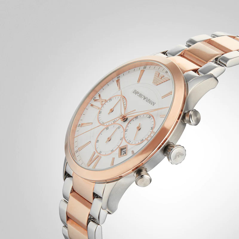  Shop Authentic Emporio Armani Giovanni Chronograph Quartz White Dial Two Tone Steel Strap Watch For Men - AR11209 - Luxxuri