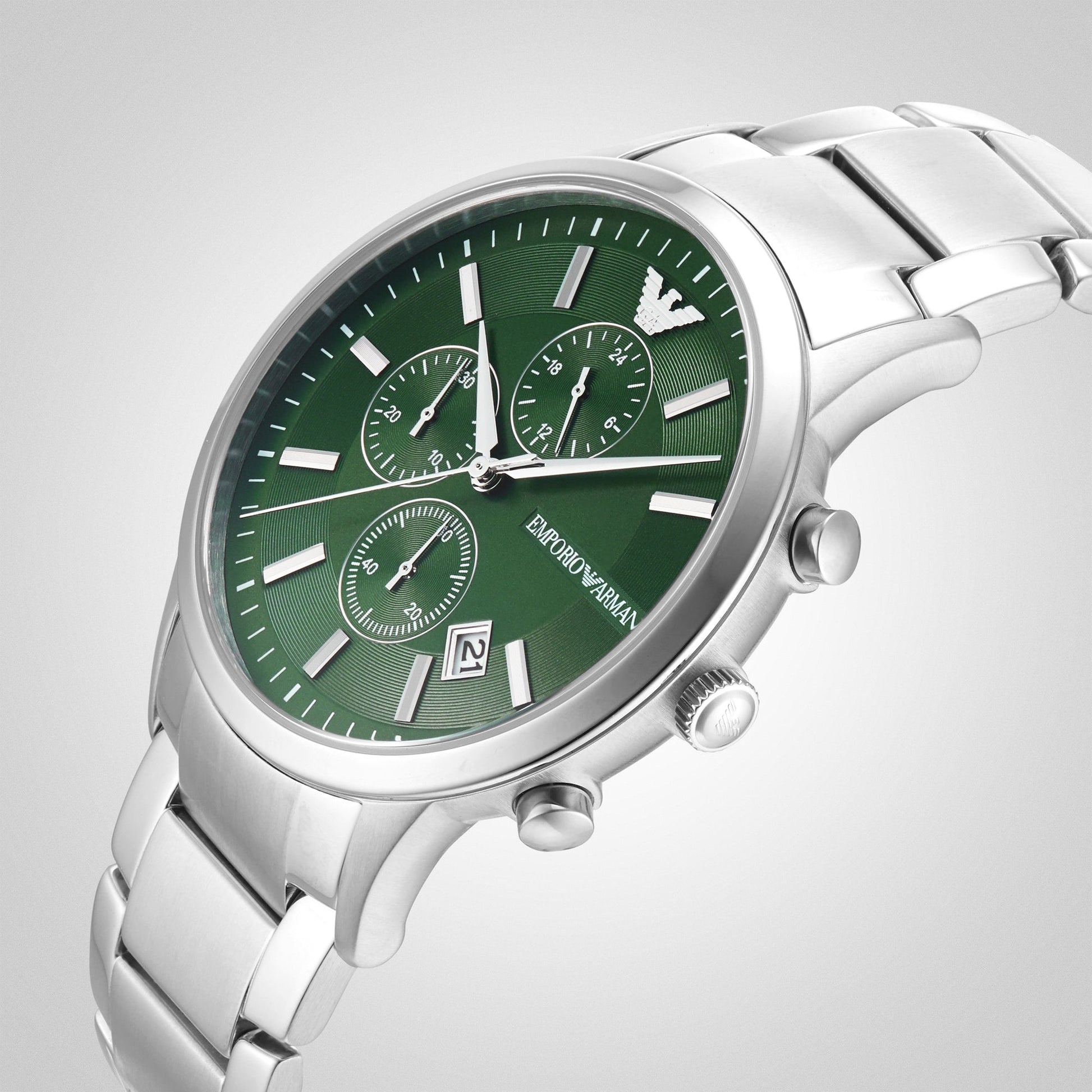  Shop Authentic Emporio Armani Renato Chronograph Green Dial Silver Steel Strap Watch For Men - AR11507 - Luxxuri