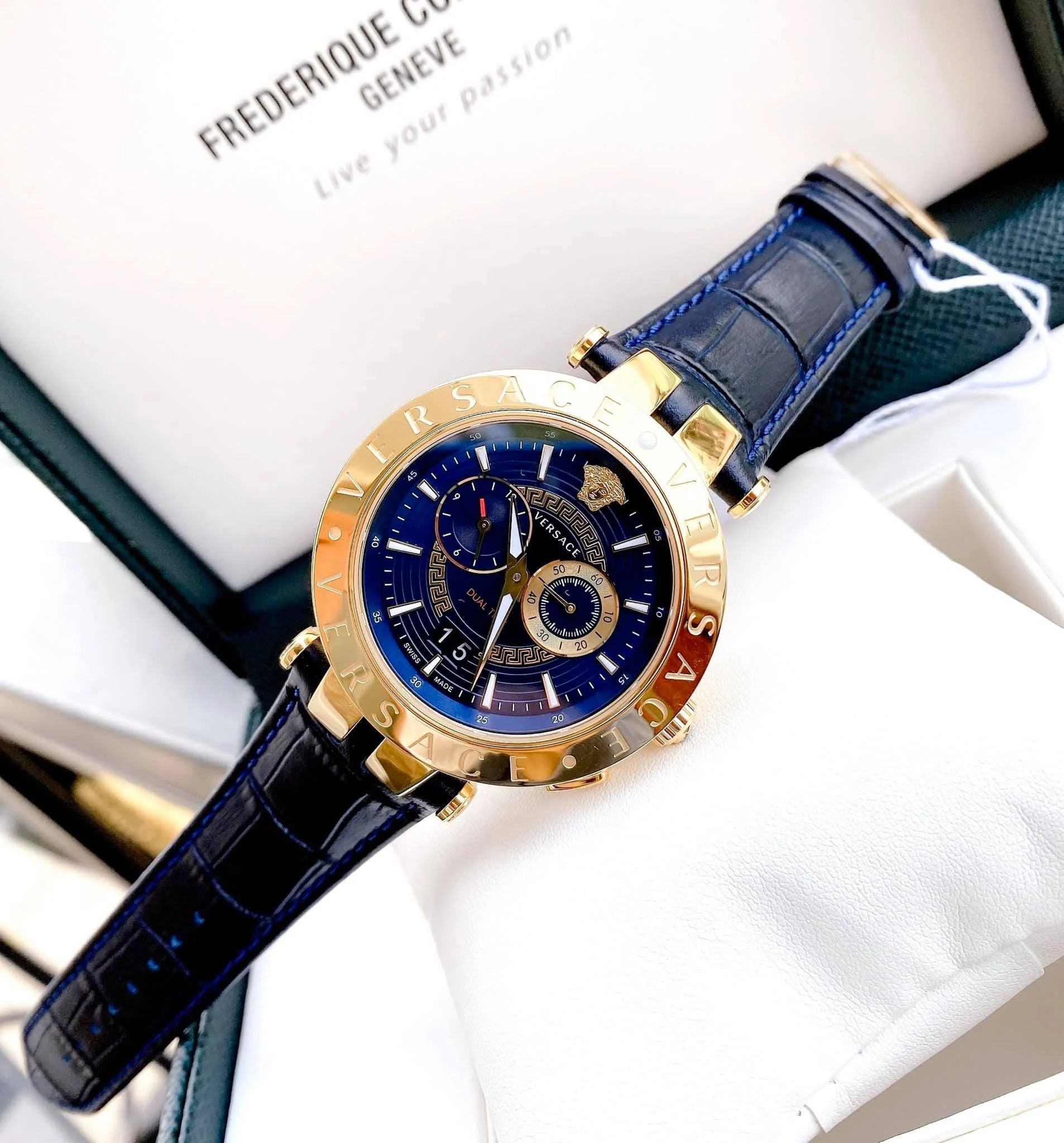  Shop Authentic Versace V-Race Multifunction Quartz Blue Dial Blue Leather Strap Watch For Men - VEBV00219 - Luxxuri