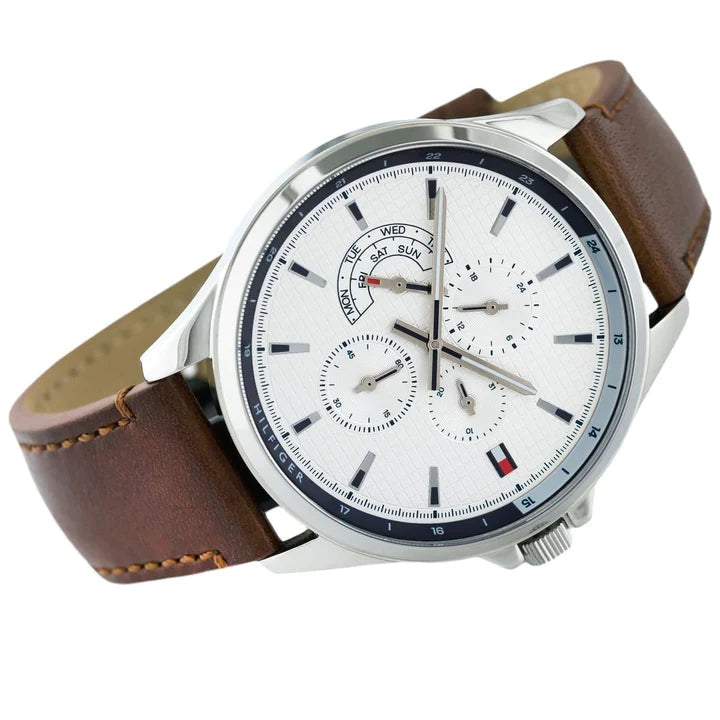  Shop Authentic Tommy Hilfiger Multi Function Quartz White Dial Brown Leather Strap Watch for Men - 1791614 - Luxxuri