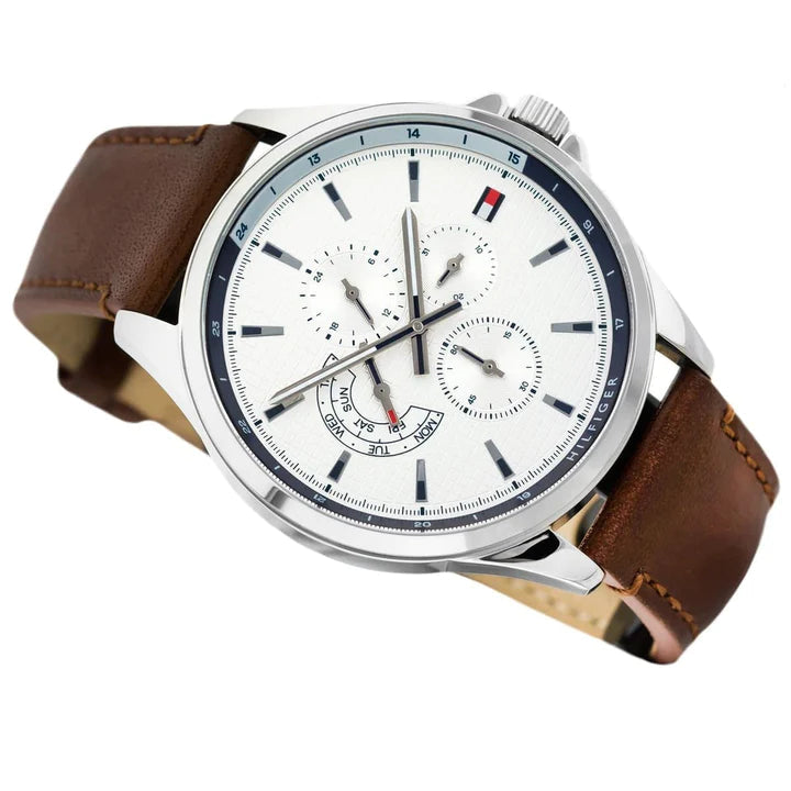  Shop Authentic Tommy Hilfiger Multi Function Quartz White Dial Brown Leather Strap Watch for Men - 1791614 - Luxxuri