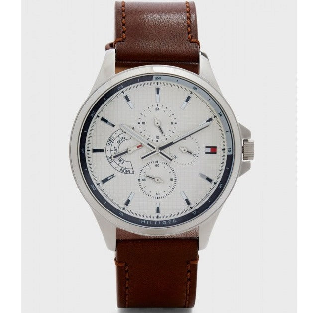  Shop Authentic Tommy Hilfiger Multi Function Quartz White Dial Brown Leather Strap Watch for Men - 1791614 - Luxxuri