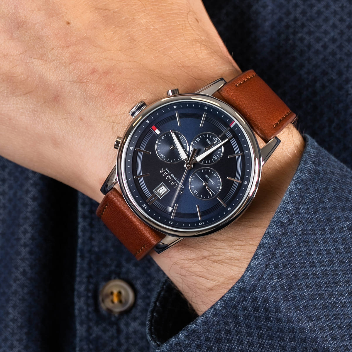  Shop Authentic Tommy Hilfiger Kyle Multifunction Blue Dial Brown Leather Strap Watch for Men - 1791629 - Luxxuri