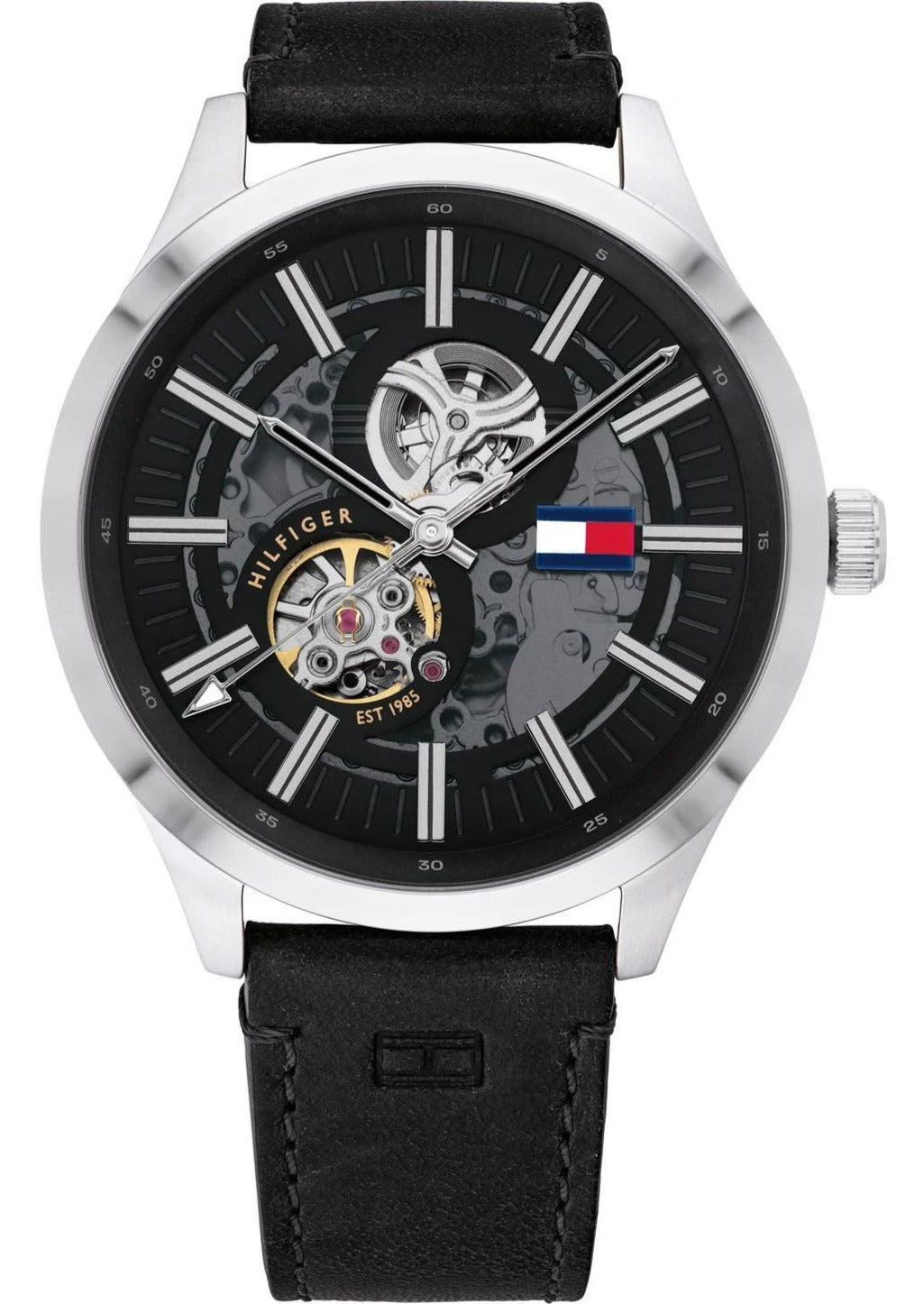  Shop Authentic Tommy Hilfiger Spencer Skeleton Black Dial Black Leather Strap Watch for Men - 1791641 - Luxxuri