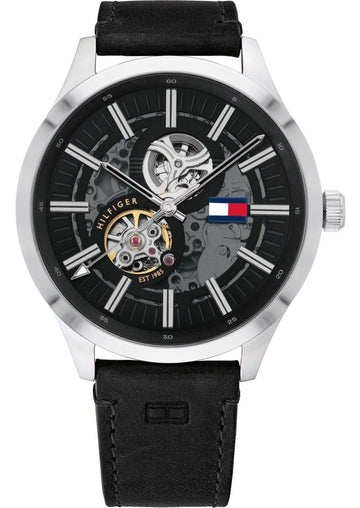  Shop Authentic Tommy Hilfiger Spencer Skeleton Black Dial Black Leather Strap Watch for Men - 1791641 - Luxxuri