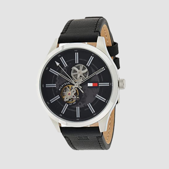  Shop Authentic Tommy Hilfiger Spencer Skeleton Black Dial Black Leather Strap Watch for Men - 1791641 - Luxxuri