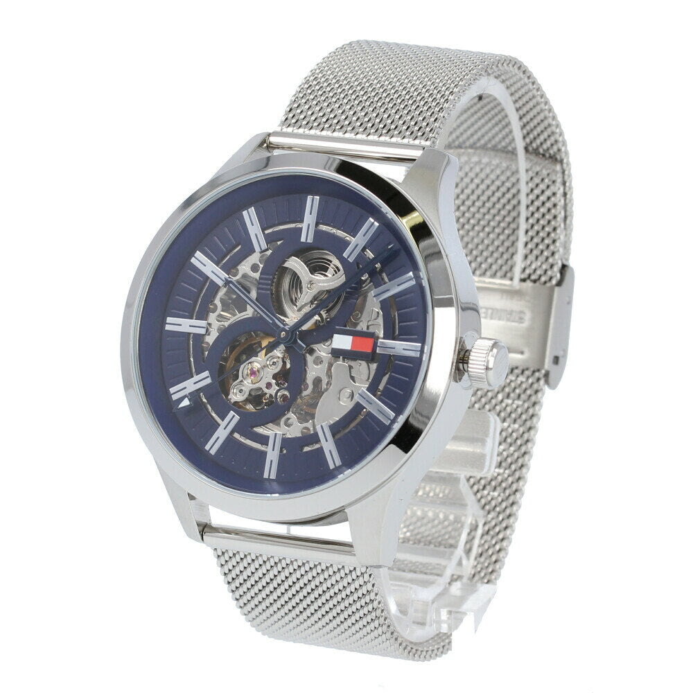  Shop Authentic Tommy Hilfiger Spencer Skeleton Black Dial Silver Mesh Bracelet Watch for Men - 1791643 - Luxxuri
