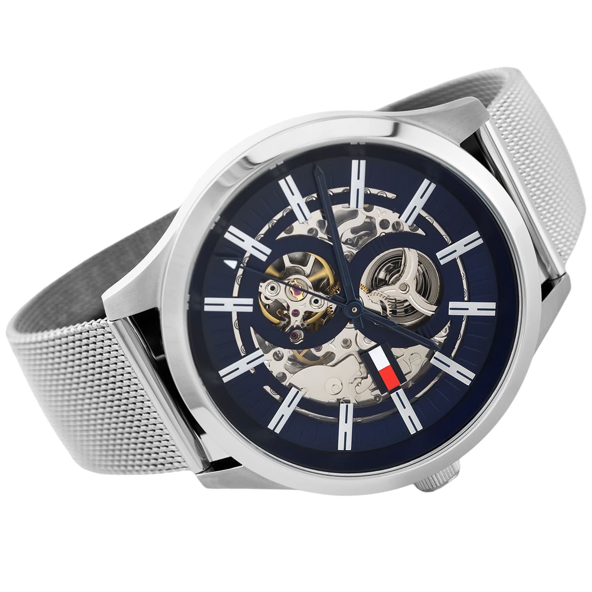  Shop Authentic Tommy Hilfiger Spencer Skeleton Black Dial Silver Mesh Bracelet Watch for Men - 1791643 - Luxxuri