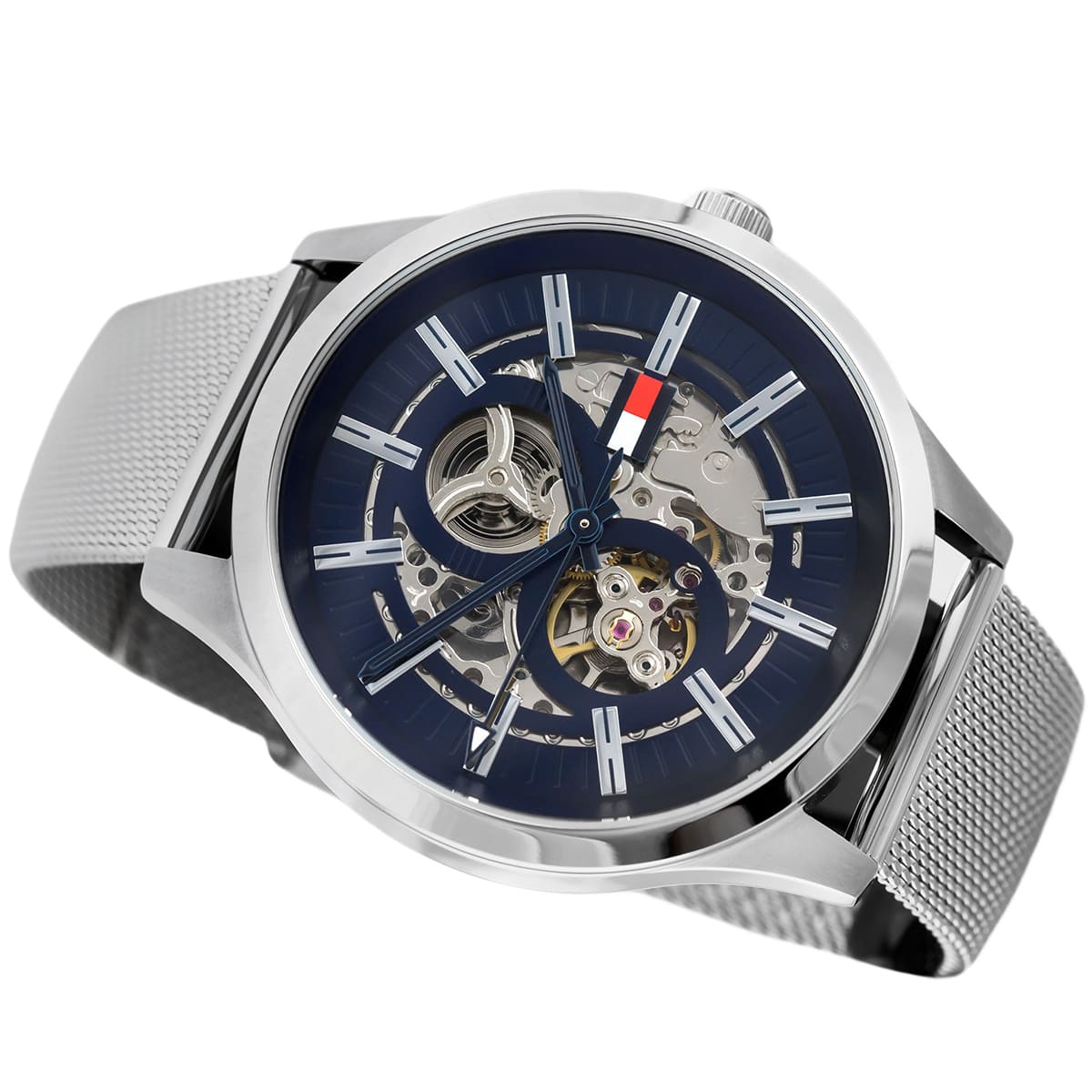  Shop Authentic Tommy Hilfiger Spencer Skeleton Black Dial Silver Mesh Bracelet Watch for Men - 1791643 - Luxxuri