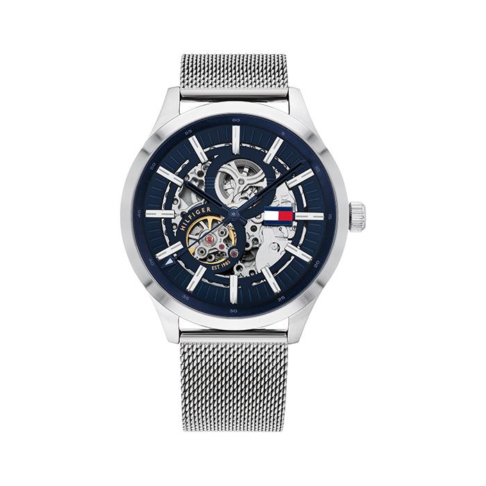  Shop Authentic Tommy Hilfiger Spencer Skeleton Black Dial Silver Mesh Bracelet Watch for Men - 1791643 - Luxxuri