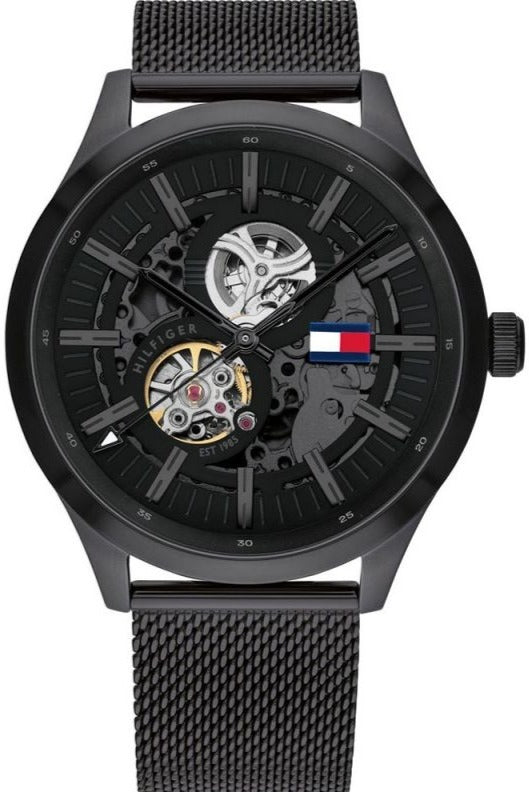  Shop Authentic Tommy Hilfiger Spencer Skeleton Black Dial Black Mesh Bracelet Watch for Men - 1791644 - Luxxuri
