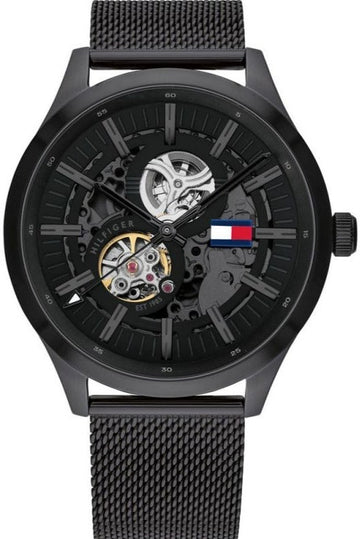  Shop Authentic Tommy Hilfiger Spencer Skeleton Black Dial Black Mesh Bracelet Watch for Men - 1791644 - Luxxuri