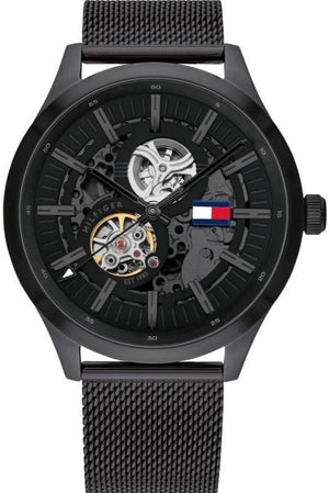  Shop Authentic Tommy Hilfiger Spencer Skeleton Black Dial Black Mesh Bracelet Watch for Men - 1791644 - Luxxuri