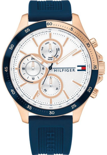  Shop Authentic Tommy Hilfiger Bank Multifunction Quartz White Dial Blue Rubber Strap Watch for Men - 1791778 - Luxxuri