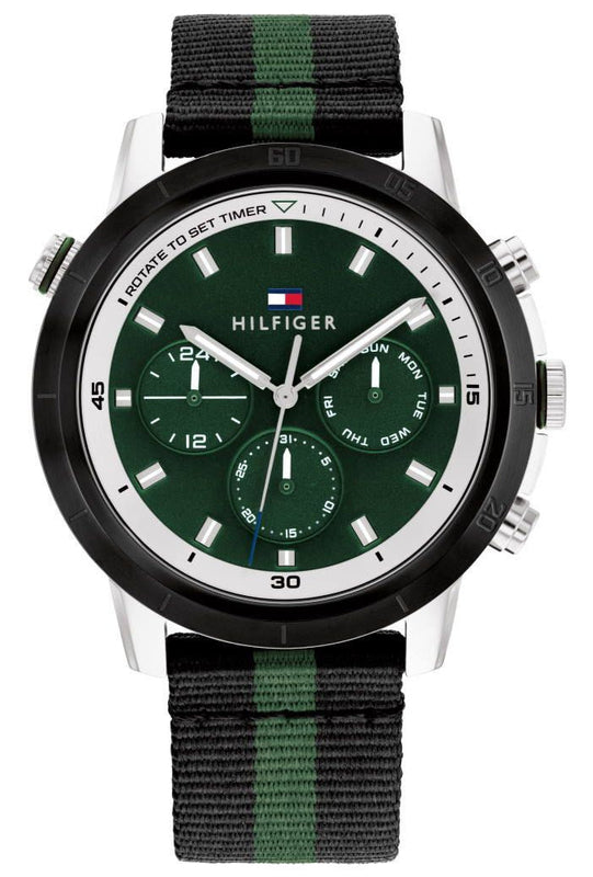  Shop Authentic Tommy Hilfiger Troy Chronograph Green Dial Two Tone Nylon Strap Watch For Men - 1792107 - Luxxuri