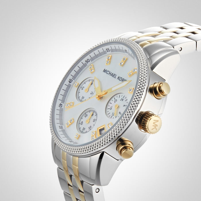  Shop Authentic Michael Kors Ritz Chronograph White Dial Two Tone Steel Strap Watch for Women - MK5057 - Luxxuri