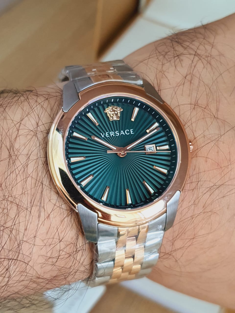 Versace V-Urban Green Dial Two Tone Steel Strap Watch for Men - VELQ00619